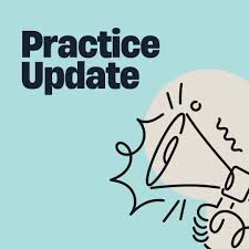 Graphic titled 'Practice Update' with bold dark text on a light blue background and abstract line-drawn doodle, conveying a practice update.